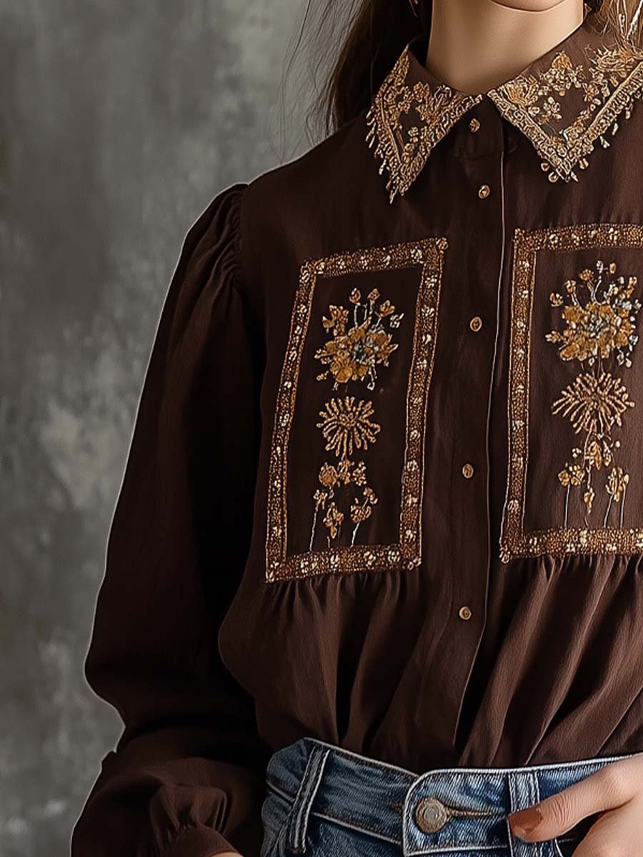 Vintage-Inspired Brown Embroidered Blouse