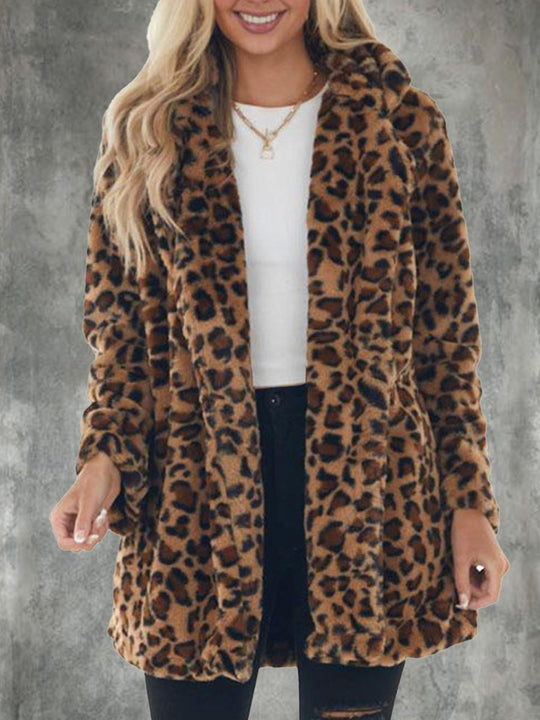 Fashion Leopard Fur Pocket Loose Fur Coat