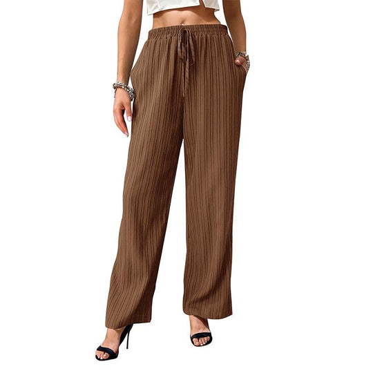 Women's High-waist Textured Lace-up Comfortable Straight Pants 82918397YM