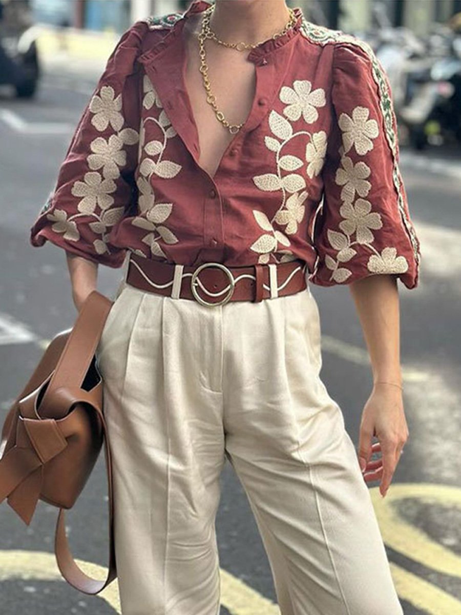 Vintage Embroidery Elegant Round Neck Puff Sleeve Shirt