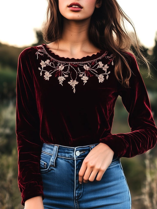 Boho Zigzag Collar Golden Vine Embroidery Velvet Top