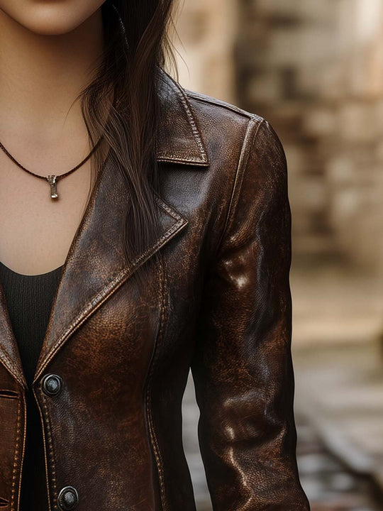 Women's Vintage Pocket Leather Jacket