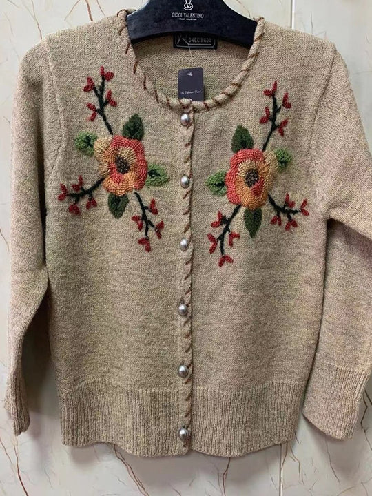 Vintage Hand Embroidered Wool Long Sleeve Cardigan