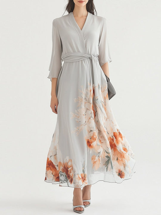 Elegant V-neck Printed Waisted Double-layered Midi Sleeve Maxi Dress