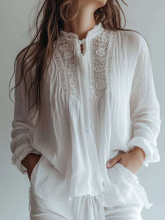 White Lace Stand Collar Linen Long Sleeve Shirt