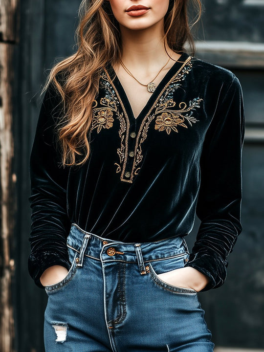 Chic V-neck Golden Embroidery Long Sleeves Velvet Blouse