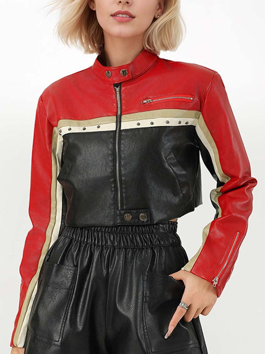 Women's Contrast Color PU Leather Biker Jacket