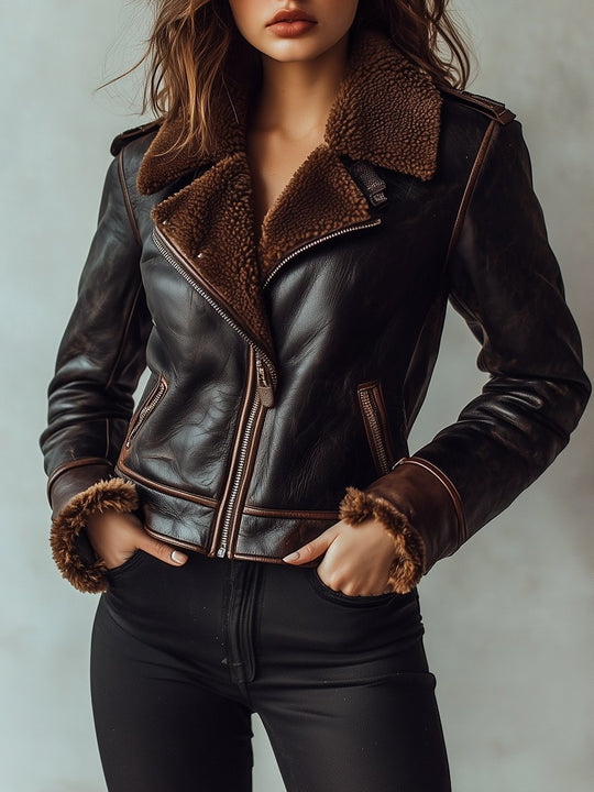 Retro Lamb Wool Linned Zipper Leather Jacket