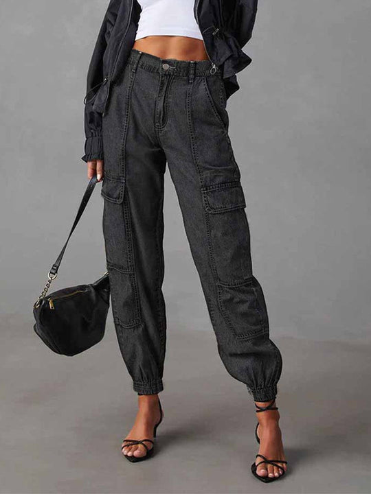 Fashion Casual Elastic Waist Loose Cargo Jeans