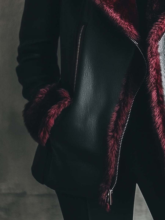 Women's Retro Contrast Color Fur Collar Leather Jacket