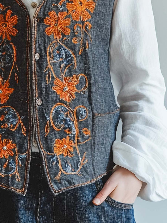 Dark Linen Floral Embroidered Button-Up Vest