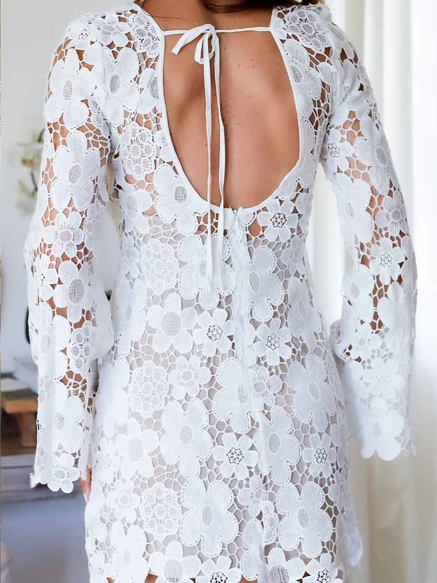 Fashion Round Neck Lace Flower Double Layer Long Sleeve Hollow Dress