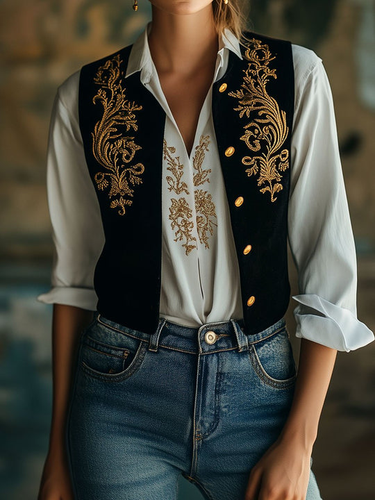 Vintage Symmetrical Design Embroidery Suede Waistcoat