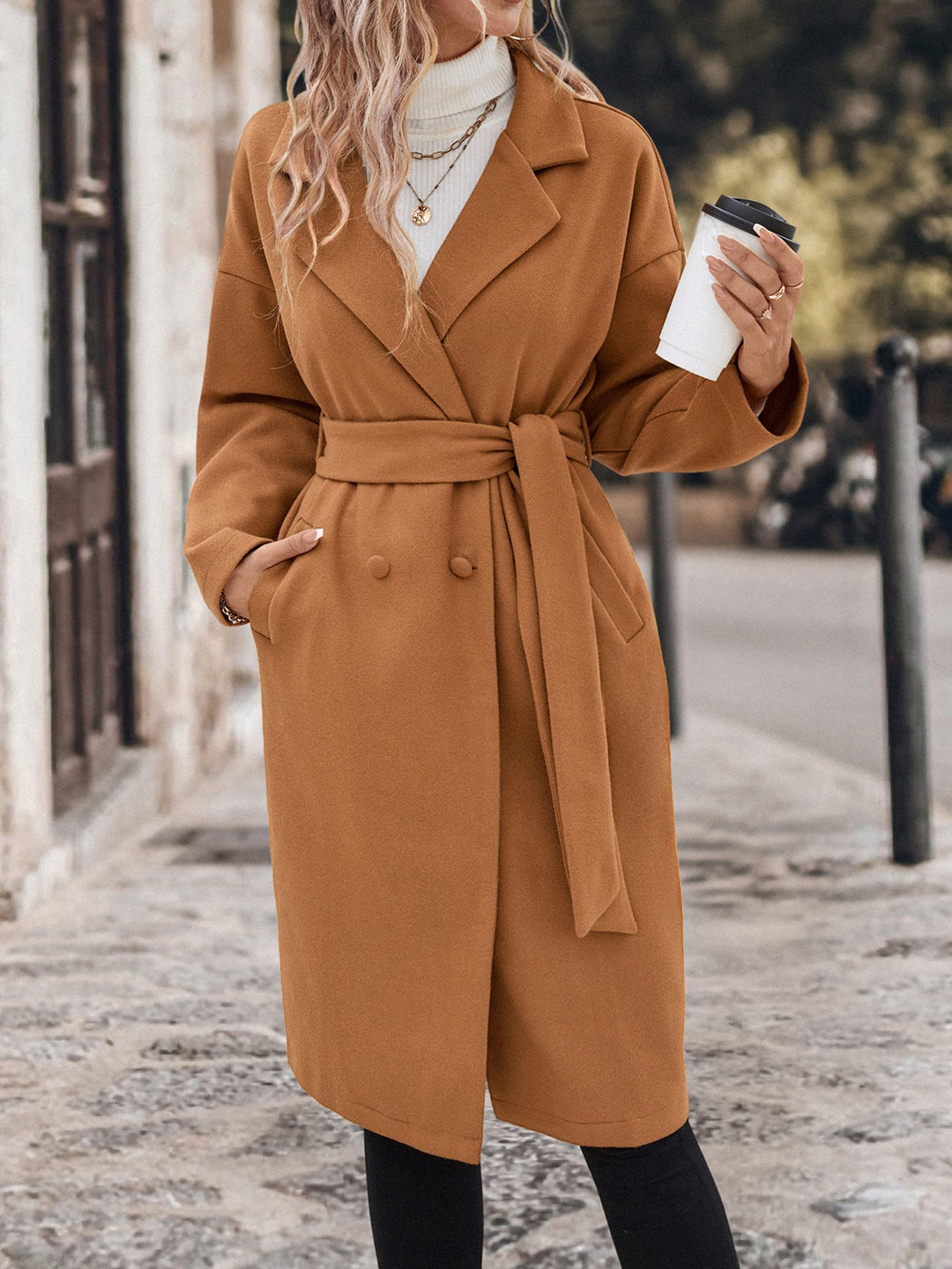 Elegant Belted Waist Mid-length Woolen Coat