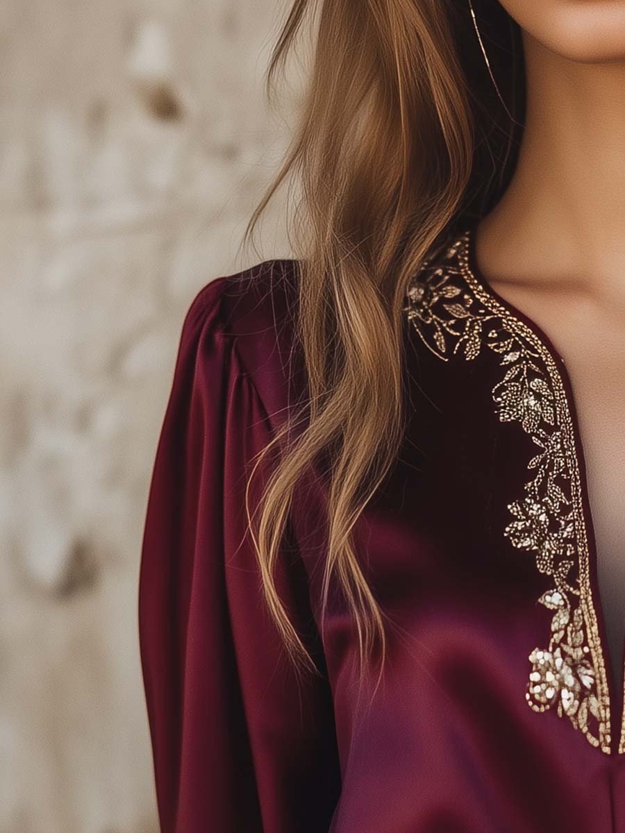 Women's Gold Embroidered Long Sleeve Satin Shirt