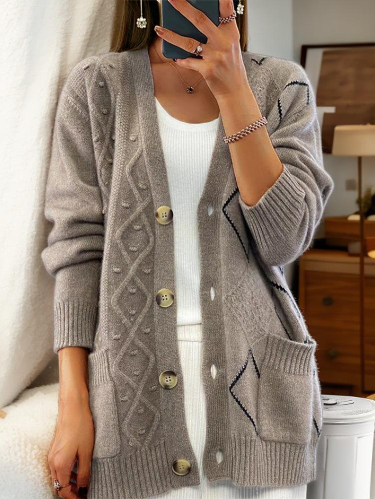 Retro V-neck Button Down Knitted Jacquard Cardigan Sweater