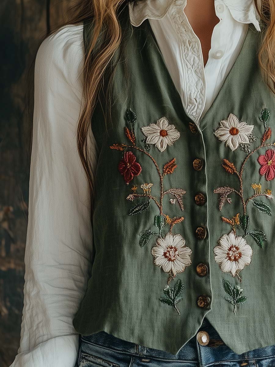 Rustic Charm Embroidered Olive Green Vest