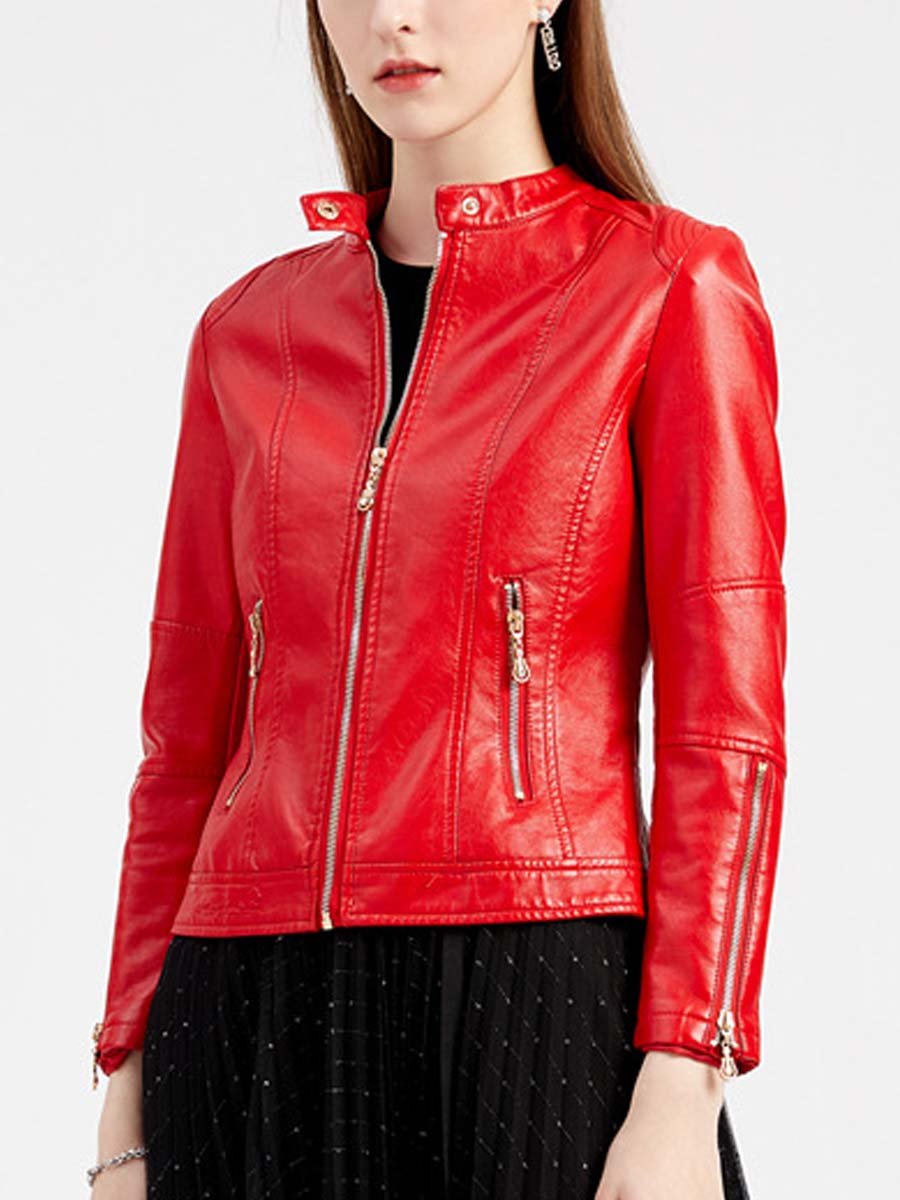 Women's Stand Collar Zipper Cuff Leather Jacket