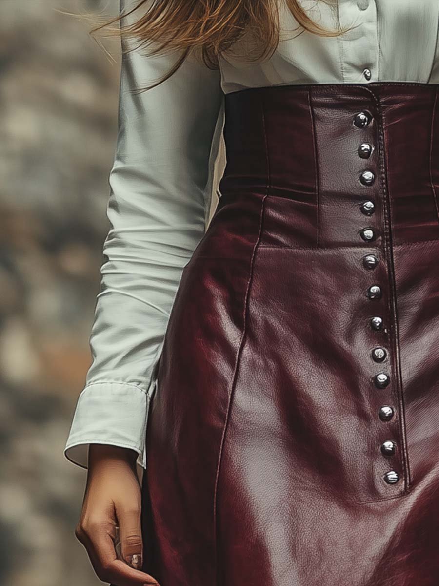 Vintage High Waist Buttons Leather Skirt