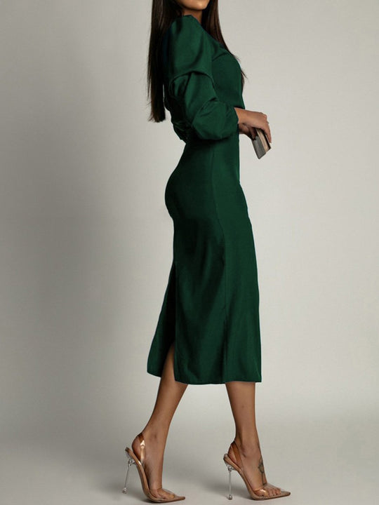 Solid Color Long Sleeve Elegant V-Neck Slit Dress