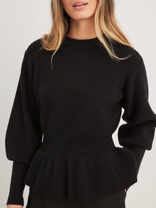 Fashion Slim Fit Ruffle Hem Crew Neck Sweater