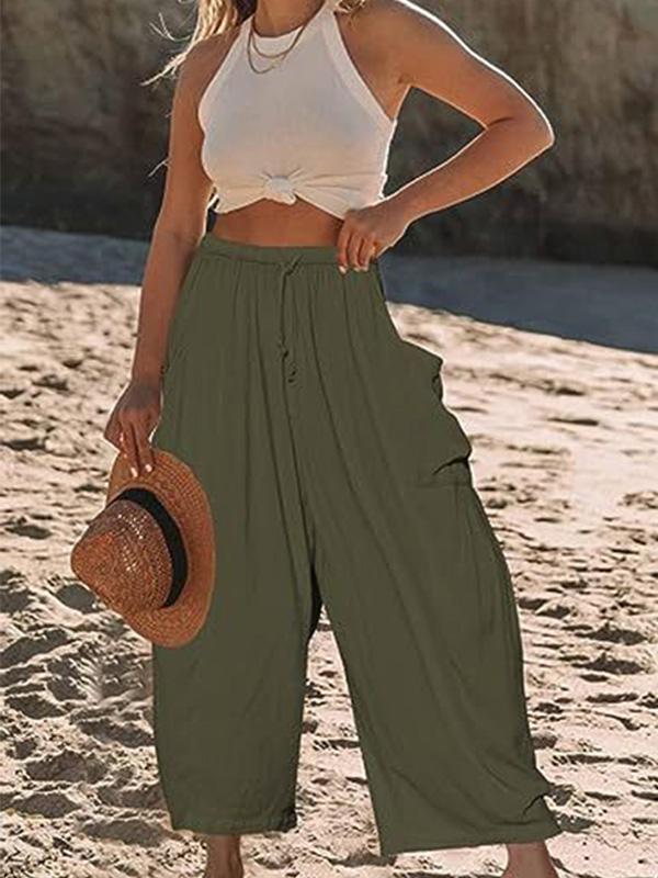 Elastic Waist Pleated Loose Casual Cotton and Linen High Waist Wide Leg Pants