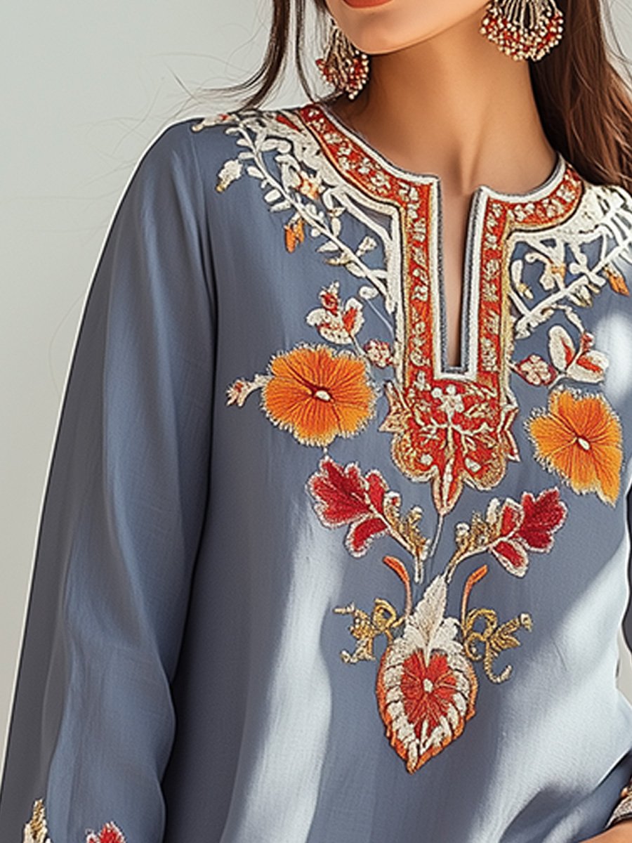 Elegant Floral Embroidered Tunic Blouse