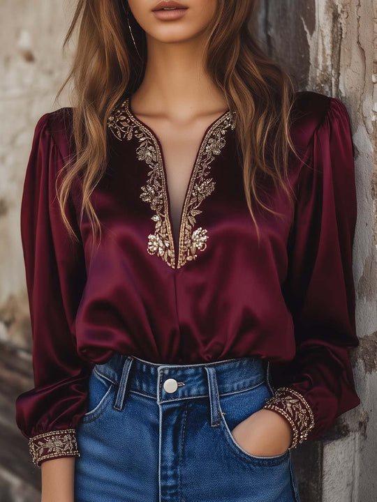 Women's Gold Embroidered Long Sleeve Satin Shirt