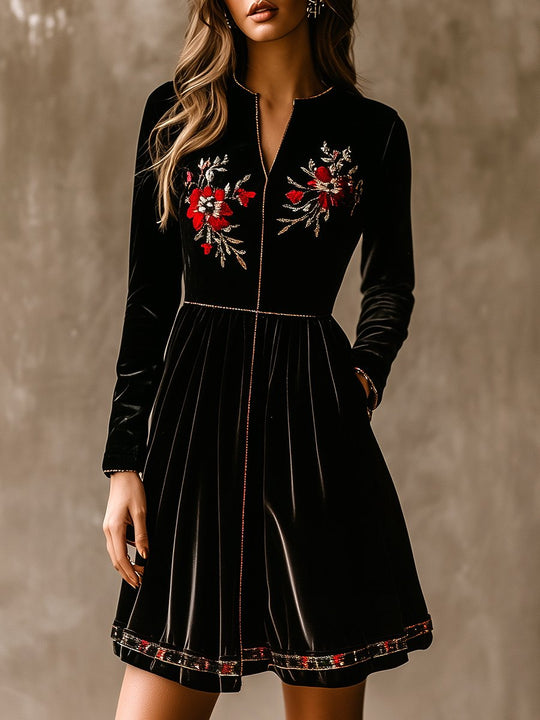 Chic V-neck Embroidery Side Pockets Velvet Dress