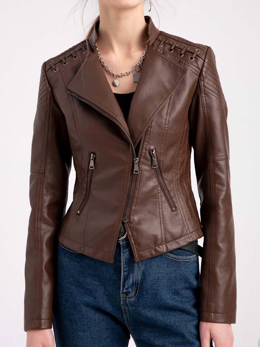 Vintage Cropped Slim Fit Leather Biker Jacket