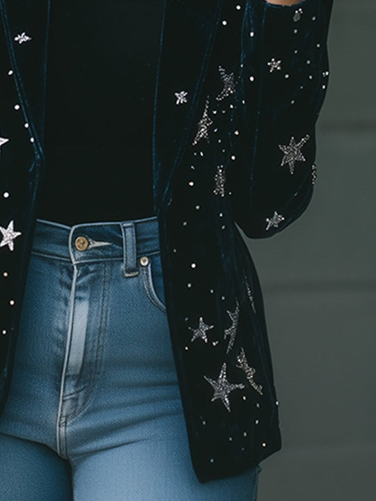 Fashion Retro Blue Velvet Star Print Blazer