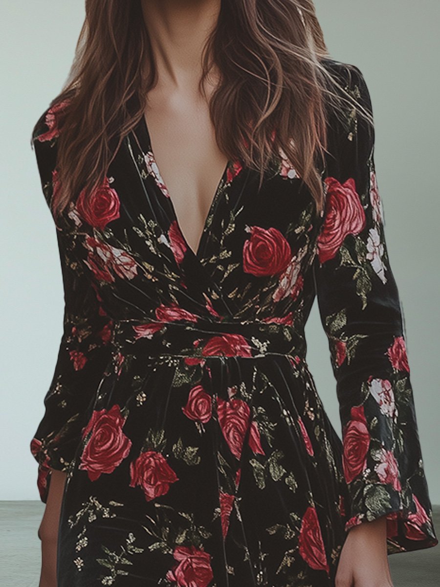 Fashion V-neck Retro Rose Print Maxi Dress