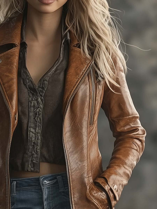 Women's Vintage Contrast Zipper Long Leather Jacket