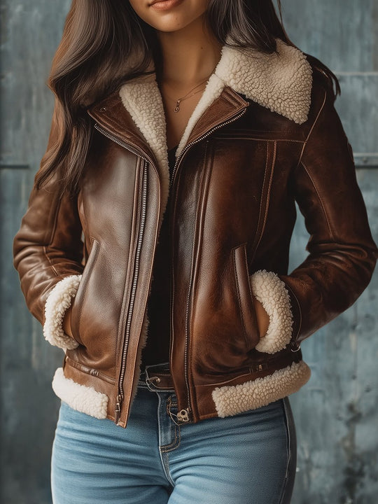 Retro Warm Lamber Lined Leather Biker Jacket