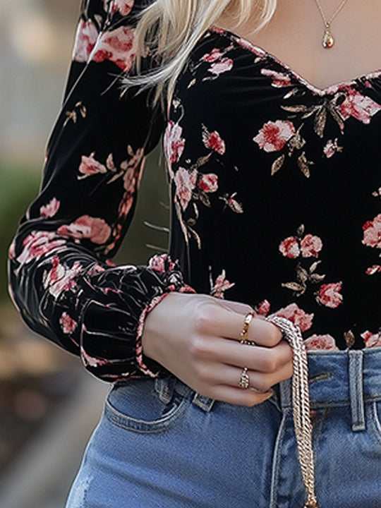 Elegant Vintage Velvet Print Shirt