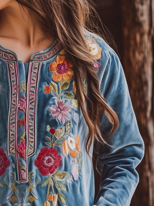 Women's Vintage Embroidered Velvet Shirt