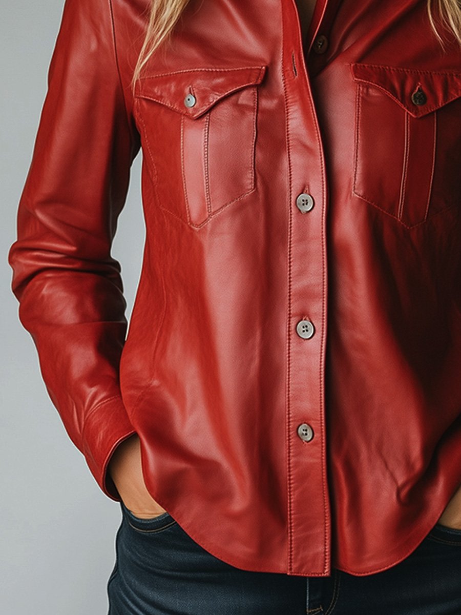 Red Vintage Casual Lapel Button Leather Shirt