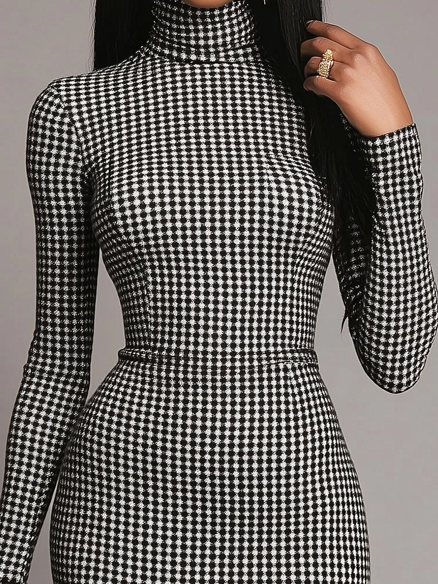 Vintage High Neck Houndstooth Long Sleeve Bodycon Dress