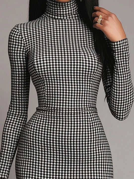 Vintage High Neck Houndstooth Long Sleeve Bodycon Dress