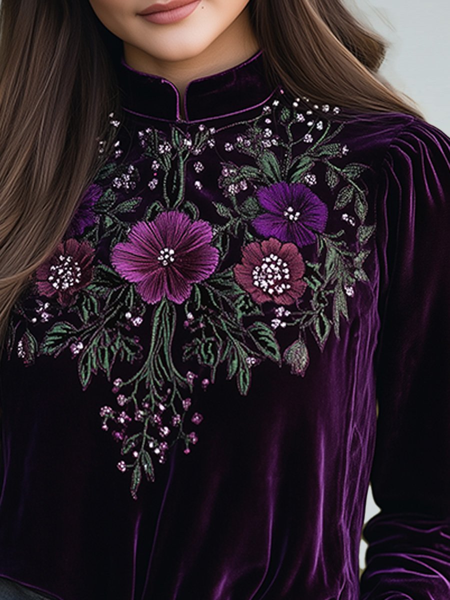 Casual Vintage Velvet Embroidered Top