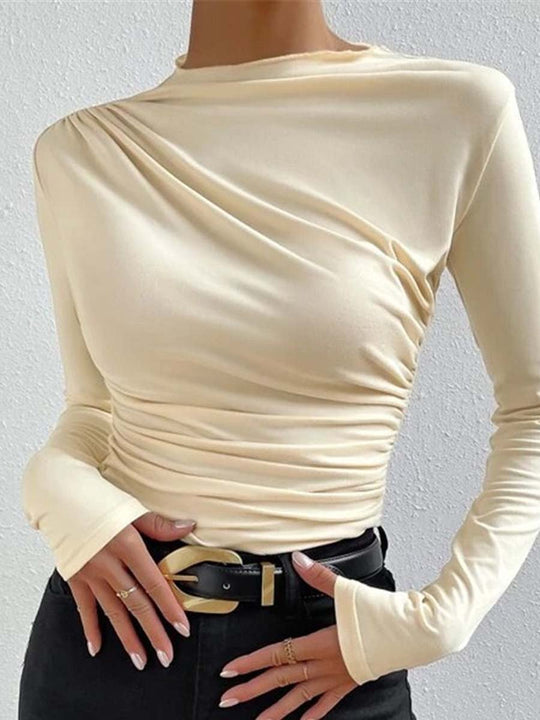 Women's Slim Fit Pleated Long Sleeve Bottoming T-Shirt