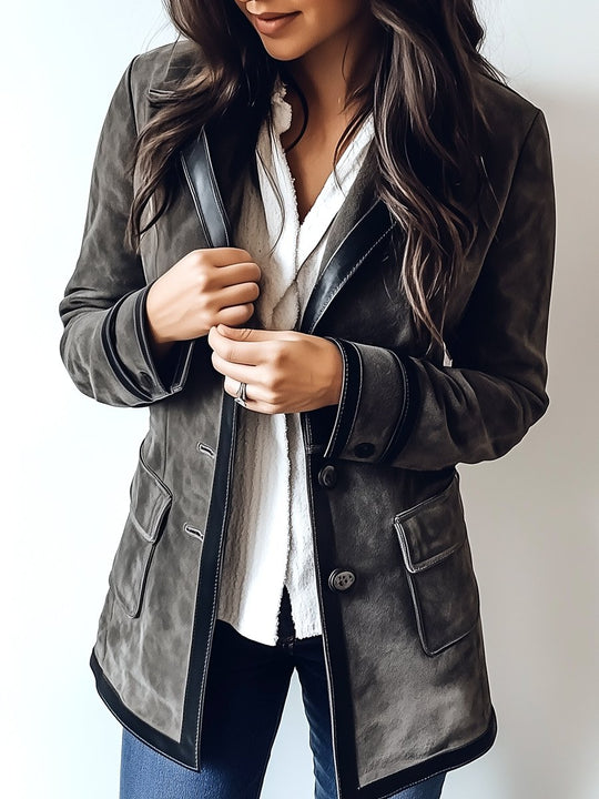 Stylish Constract Trim Single-breasted Suede Trench Coat