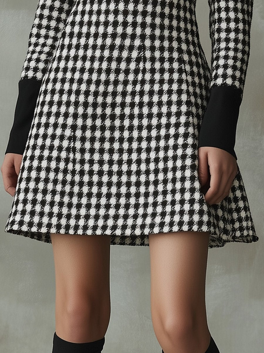 Retro Elegant High Neck Houndstooth A-line Dress