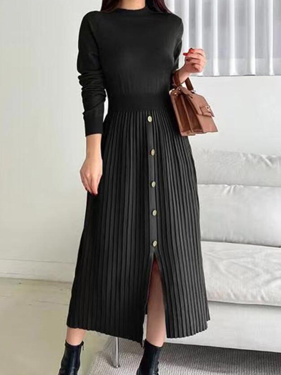 Temperament French Slit Mid-length Round Neck Knitted Dress