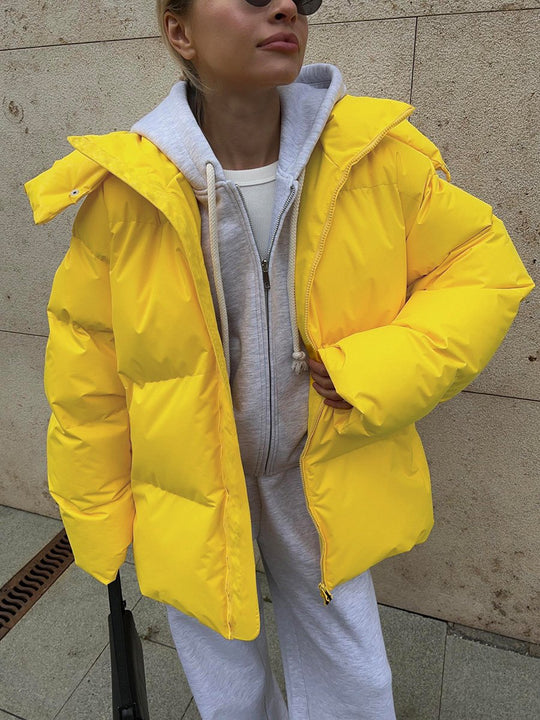 Fashionable Hooded Solid Color Warm Cotton Jacket