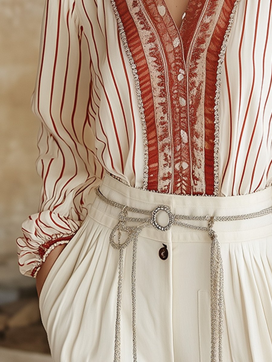 Striped Bohemian Embroidered Cotton and Linen Blouse