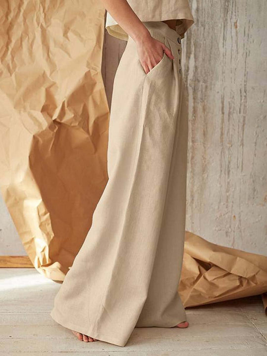 Women's High Waist Casual Button Cotton Linen Wide Leg Pants