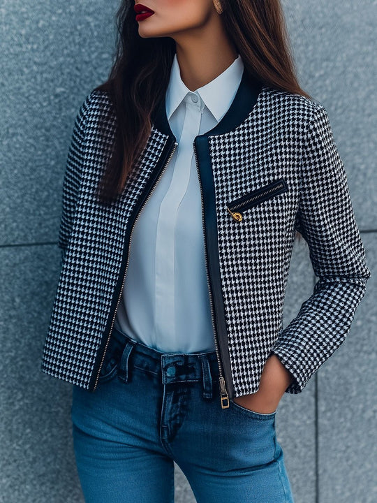 Chic Round Neck Houndstooth Pattern Zipper Jacket