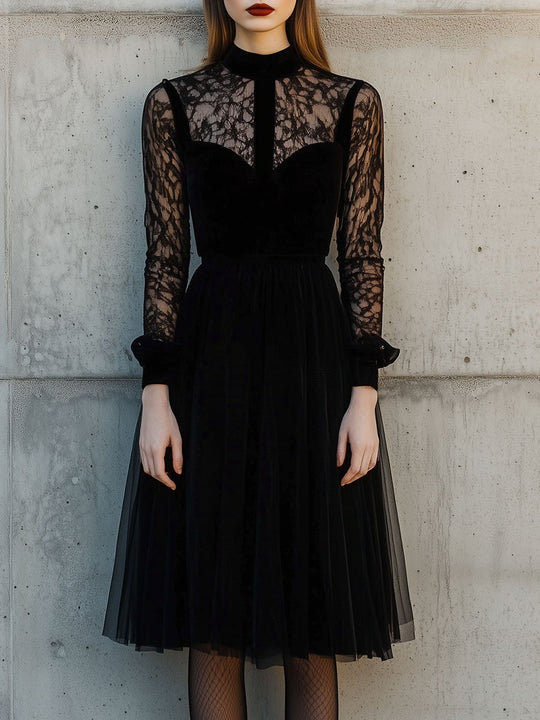 Elegant Mock Neck Lace Patchwork Black Midi Dress