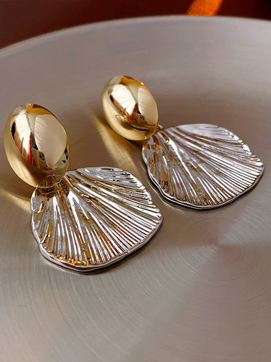 Real Gold and Silver Needle Wrinkled Shell Metal Earrings